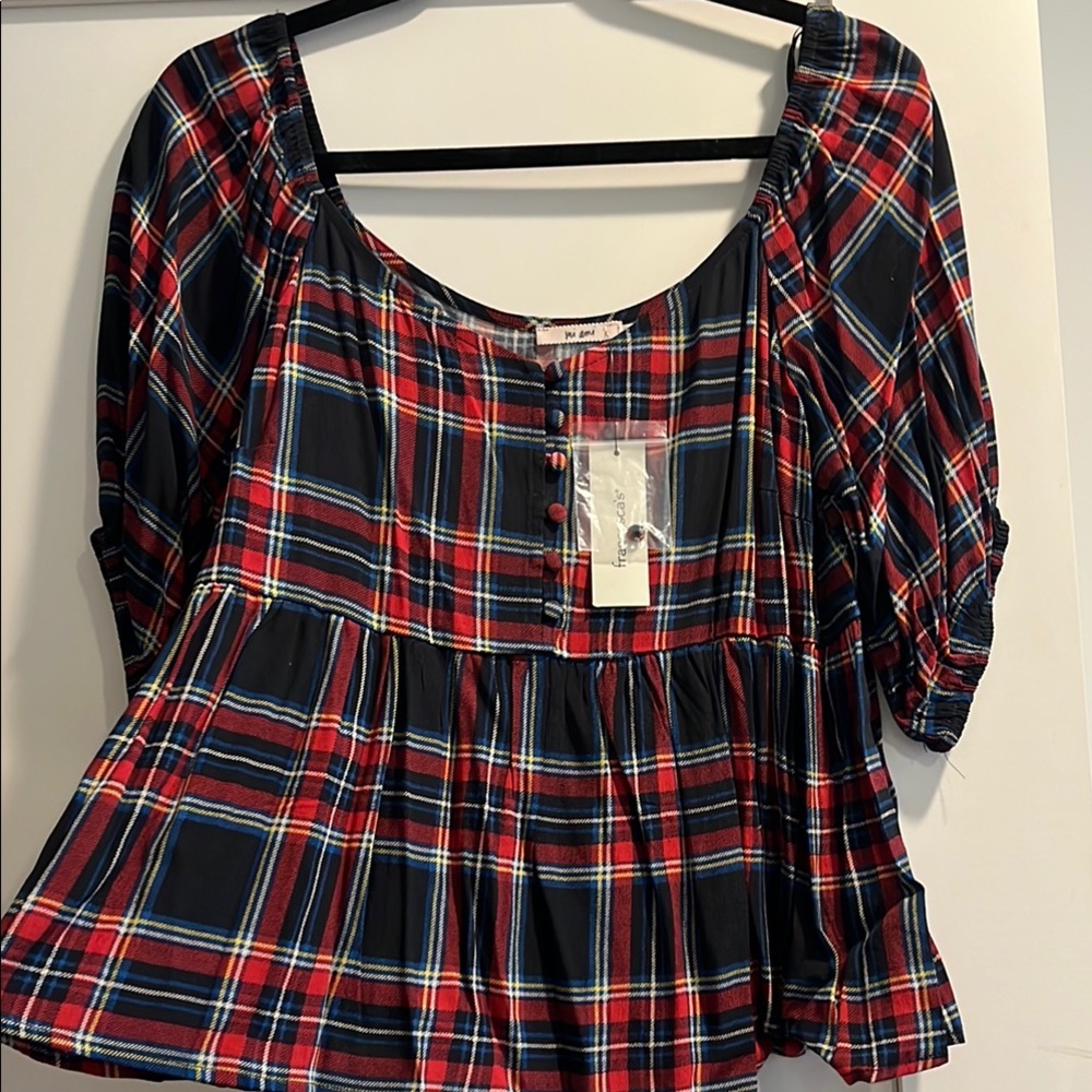 Francesca's Collections Peplum Puff Sleeve Blouse in Blue and Red